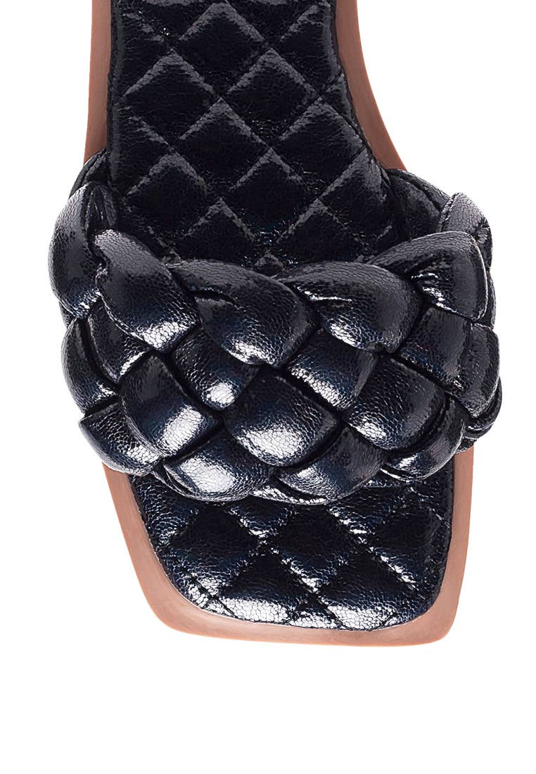 MARCUE PATENT PU QUILTED SLIDES IN WOVEN STRAPS